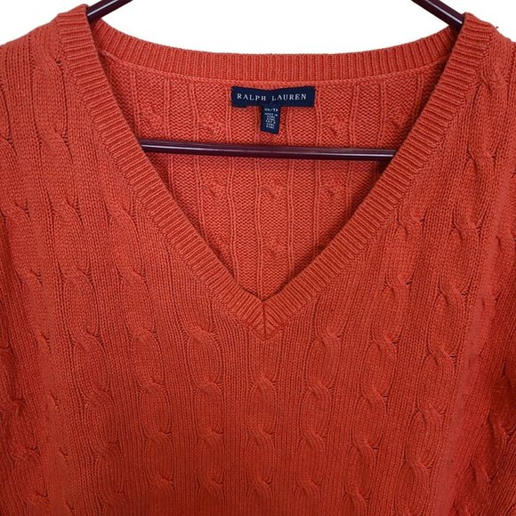 Ralph Lauren Womens XS Orange Short Sleeve Crew Neck Cable Knit Silk Sweater - Picture 2 of 7